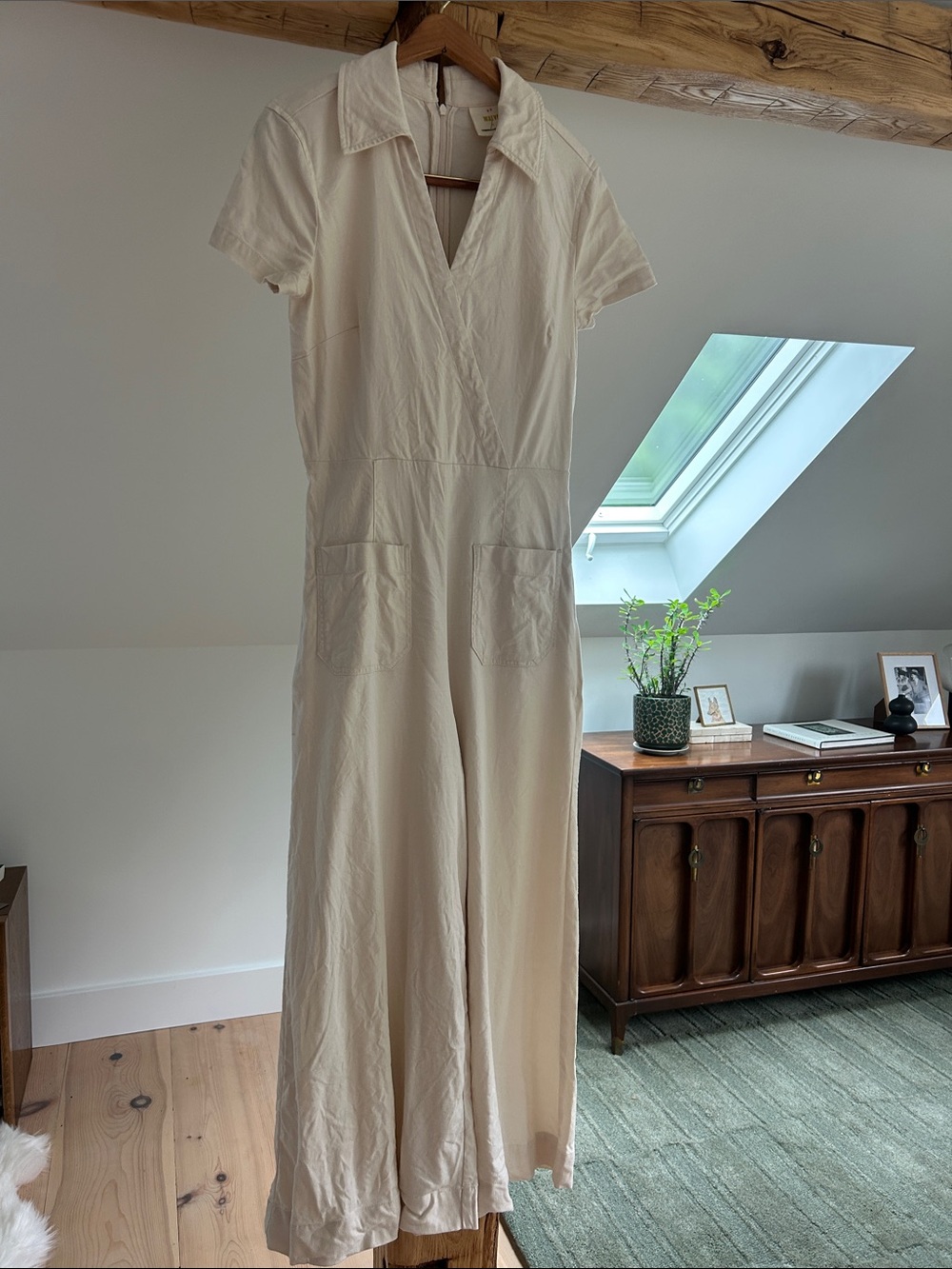 Maeve Cream Short-Sleeve Collared Wide-Leg Jumpsuit